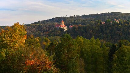 Beautiful Autumn Landscape with Veveri Castle. Natural colorful scenery with sunset. Brno dam-Czech Republic-Europe.