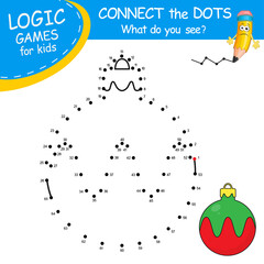 New Year Ball. Connect the dots by numbers to draw the christmas toy. Winter symbol. Dot to dot Game and Coloring Page with cartoon Christmas Ball. Logic Game for Kids learning counting number.
