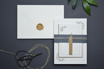 Modern wedding invitation blank flat lay mock-ups. Wedding stationery includes invitation, rsvp,...