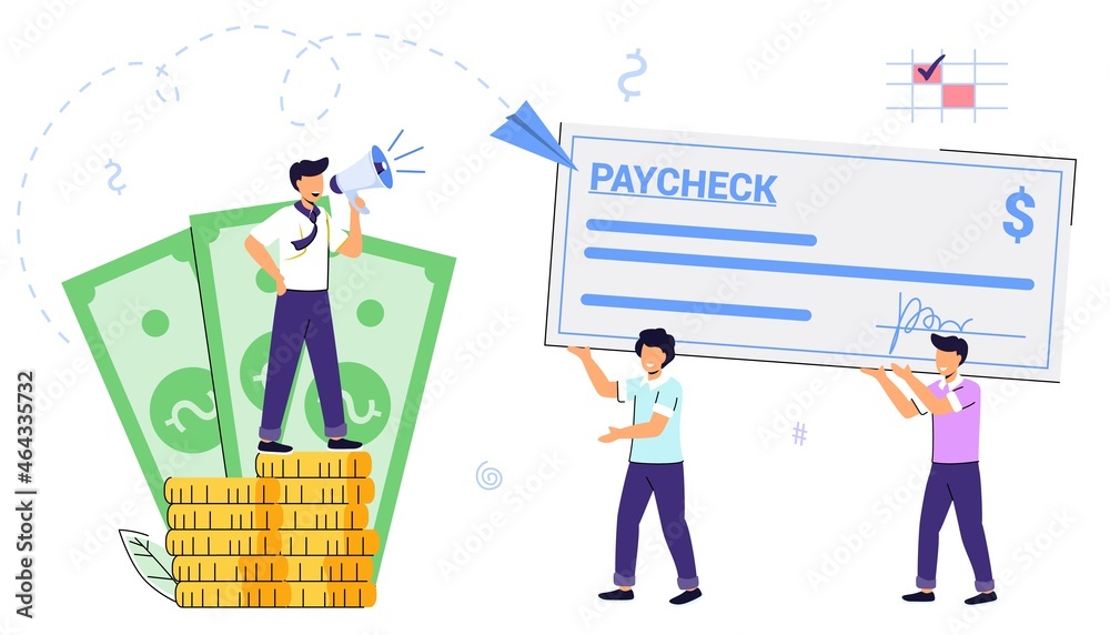 Poster paycheck salary and payroll concept boss pay salaries to employees payday calendar money prize cash 