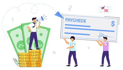 Paycheck Salary and payroll concept Boss pay salaries to employees Payday calendar Money prize Cash lottery winning Payroll tax deposit Payroll software Vector isolated illustration