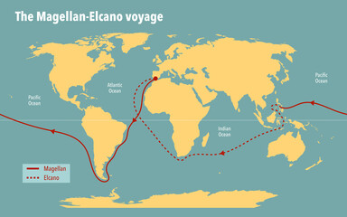 Modern map of the Magellan-Elcano expedition route - obrazy, fototapety, plakaty