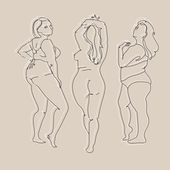 Three naked bodies of women plus size drawn in outline art minimalist style isolated on beige background.Concept of self-love and bodypositive.Vector illustration