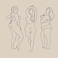 Three naked bodies of women plus size drawn in outline art minimalist style isolated on beige background.Concept of self-love and bodypositive.Vector illustration