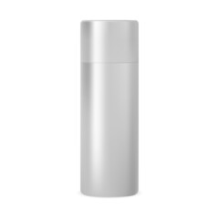 Silver metal aerosol spray mockup. Hairspray aluminum tin template design isolated. Cylinder paint tube mock up, realistic air freshener illustration. Antiperspirant product blank, sprayer lid
