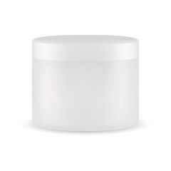 White cream jar blank. Body scrub plastic packaging template. Face powder butter glossy pack. Round cosmetic canister, blush cover for branding identity. Beauty creme container