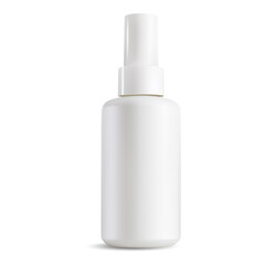 Cosmetic spray plastic bottle mockup, white blank template. Face care lotion aerosol tube. Mist dispenser package, small parfume fragrance. Aerosol cap bottle