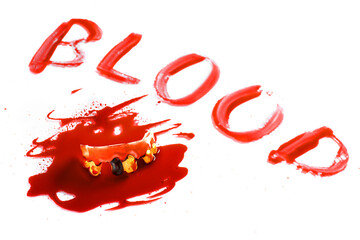 Word BLOOD and jaw on white background