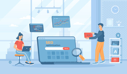 SEO optimization concept. Setting up and optimizing search results for site. Flat cartoon vector illustration with people characters for banner, website design or landing web page.