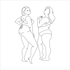 Love your body - body positively. Happy plus size women in lingerie. Drawn in contour modern style isolated on white background.Vector illustration
