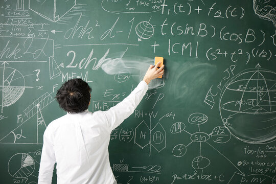 数式の書かれた黒板を消す