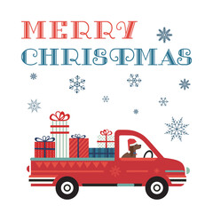Merry Christmas cute greeting vector poster. Red pickup transporting Christmas gift boxes cartoon illustration design element. Cute dog in Santa hat deliver present boxes. Xmas holiday card background © lana_samcorp