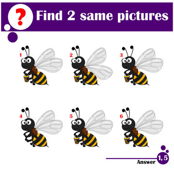 Educational game for children. Find two same pictures. Set of cute bees with honey buckets