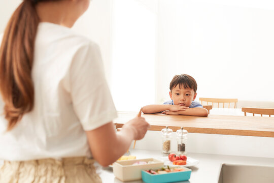 キッチンでお弁当を作る女性と対面でおしゃべりする男の子