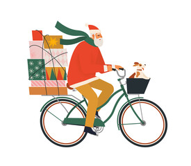 An elder man dressed as Santa Claus rides a bicycle with gifts and dog. Christmas postcard. Winter vertical banner. Vector flat illustration.