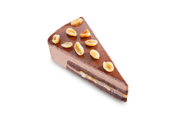 Chocolate peanut caramel slice cake with peanuts on a white isolated background