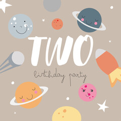 Space Party Invitation Card Template, Birthday Party in Cosmic Style Celebration, Greeting Card, Flyer Cartoon Vector. Kids illustration with planets and number two.