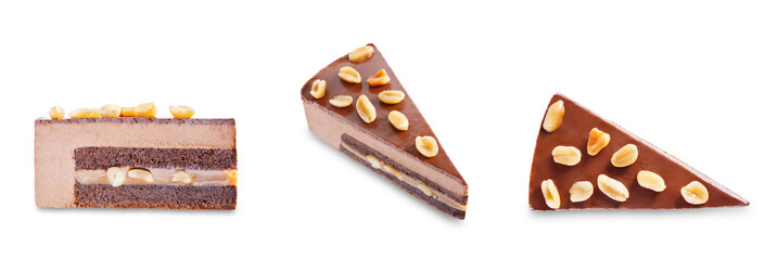 Chocolate peanut caramel slice cake with peanuts on a white isolated background
