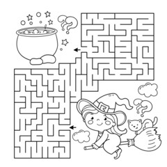Maze or Labyrinth Game. Puzzle. Coloring Page Outline Of cartoon little witch on broom with pot and with cat. Halloween. Coloring book for kids.
