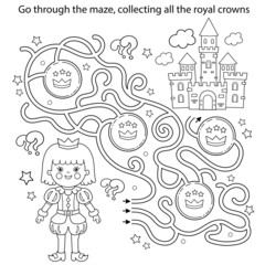 Maze or Labyrinth Game. Puzzle. Coloring Page Outline Of cartoon lovely prince. Beautiful young king. Royal castle or palace. Fairy tale. Coloring book for kids.