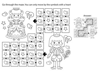 Maze or Labyrinth Game. Puzzle. Coloring Page Outline Of cartoon lovely prince with beautiful princess. Cinderella. Fairy tale. Coloring book for kids.