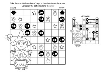 Maze or Labyrinth Game. Puzzle. Coloring Page Outline Of cartoon little witch with magical pot. Magic potion and witchcraft. Coloring book for kids.