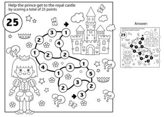 Maze or Labyrinth Game. Puzzle. Coloring Page Outline Of cartoon lovely prince. Beautiful young king. Royal castle or palace. Fairy tale. Coloring book for kids.