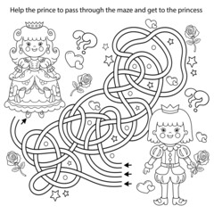 Fototapeta premium Maze or Labyrinth Game. Puzzle. Tangled road. Coloring Page Outline Of cartoon lovely prince with beautiful princess. Cinderella. Fairy tale. Coloring book for kids.