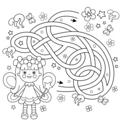 Maze or Labyrinth Game. Puzzle. Tangled road. Coloring Page Outline Of cartoon flower fairy with magic wand. Little kind wizard or magician. Fairy tale. Coloring book for kids