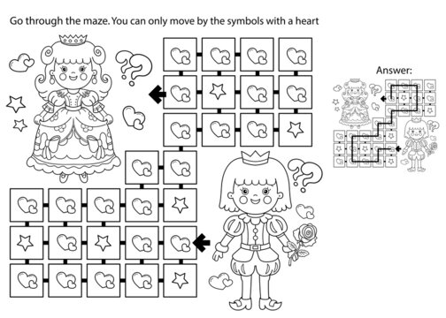 Maze or Labyrinth Game. Puzzle. Coloring Page Outline Of cartoon lovely prince with beautiful princess. Cinderella. Fairy tale. Coloring book for kids.