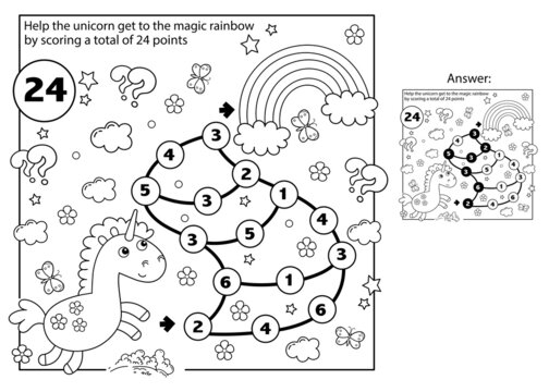 Maze or Labyrinth. Puzzle. Mathematical addition game.Coloring Page Outline Of cartoon lovely magic unicorn. Fairy tale hero. Coloring book for kids.