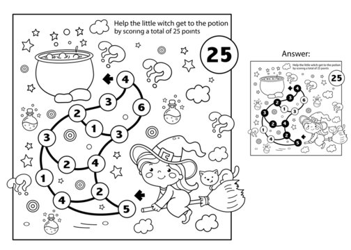Maze or Labyrinth Game. Puzzle. Mathematical addition game. Coloring Page Outline Of cartoon little witch on broom with pot and with cat. Halloween. Coloring book for kids.