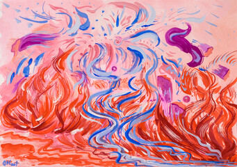 Abstract painting. The Elements of water and fire. Red and blue. Contrast. The birth of new elements. Conflict. Collision. Blue streams springs water splashes. Scarlet hot burning tongues of flame.