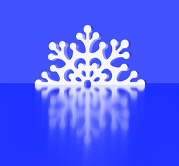 Blue Christmas background with 3d white snowflake. Reflection. Ice. 3D render. Merry Christmas. Backdrop for design. Wallpapers. Template for banner, cards or poster.