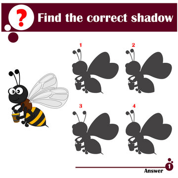 Find the correct shadow. Educational game for children. Cute bee with a bucket of honey