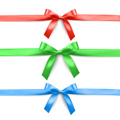 Set of realistic bows for decoration, bright satin bows on a white background
