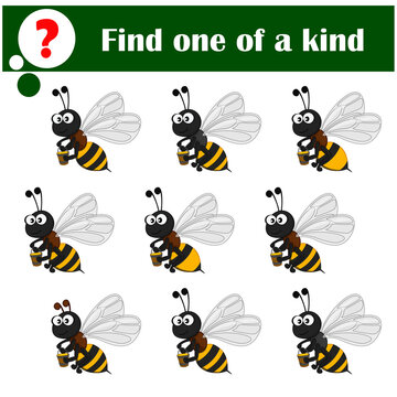 Find one of a kind. Educational game for children.A set of cute bees with buckets of honey