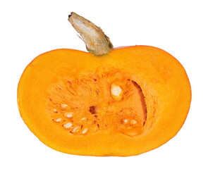 Orange ripe fresh pumpkin cut in half inside longitudinal section isolated on white background