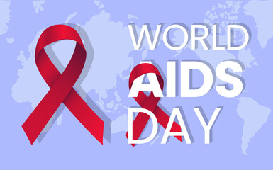 world aids day red ribbon with world map and purple background