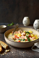 Chowder - thick potato soup with trout ( salmon ) and cream .