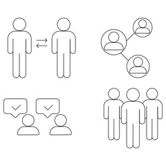 Editable line outline character icon set. Team office working together on a project as a networking player. Professional corporate people talking and communicating together, black stroke eps vector.