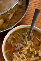 Flat lay chicken noodle soup