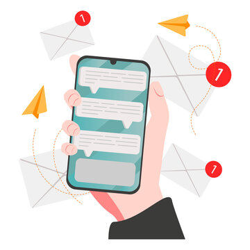 Man hold smartphone and type new message. Send emojis to friends. Vector illustration, ideal for websites and startups. Social media addiction, collect likes and feedbacks