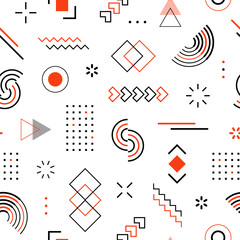 Memphis seamless pattern. Abstract check geometric shape. Repeated mark graphic element. Scattered geometry background. Repeating funky patern. Modern graphic design for prints. Fashion style. Vector - obrazy, fototapety, plakaty