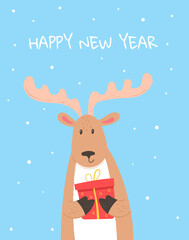 Cute dear with gift in cartoon style. Card for new year congratulation.