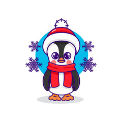 Playful penguin cartoon character during snowing in winter season 