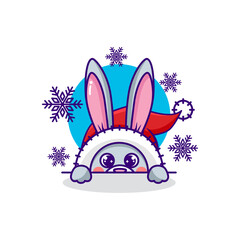 Playful rabbit or bunny cartoon character during snowing in winter season