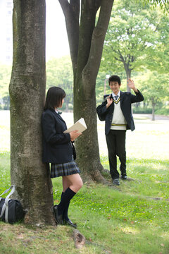 木陰で読書する女子高生と男子高校生