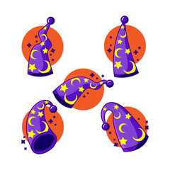 Collection of Wizard hat with moon and stars details over full moon at the back