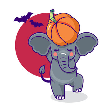 Playful elephant cartoon character with dark red moon and pumpkin for halloween theme